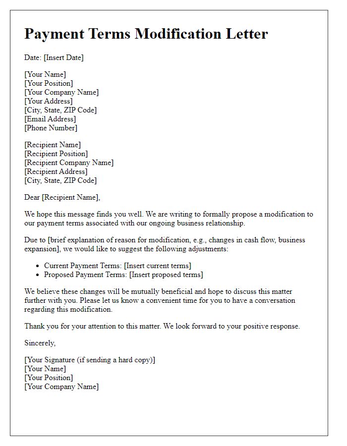 Letter template of Payment Terms Modification