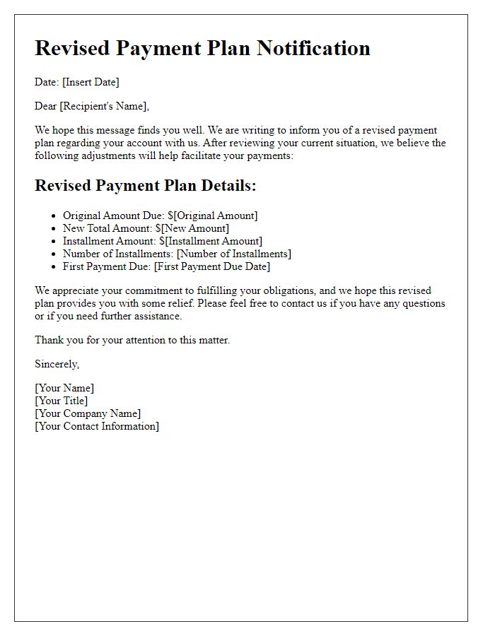 Letter template of Revised Payment Plan Notification