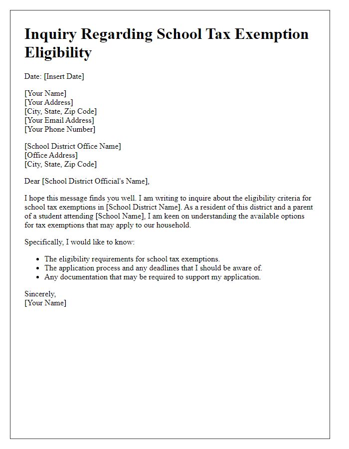 Letter template of school tax exemption eligibility inquiry