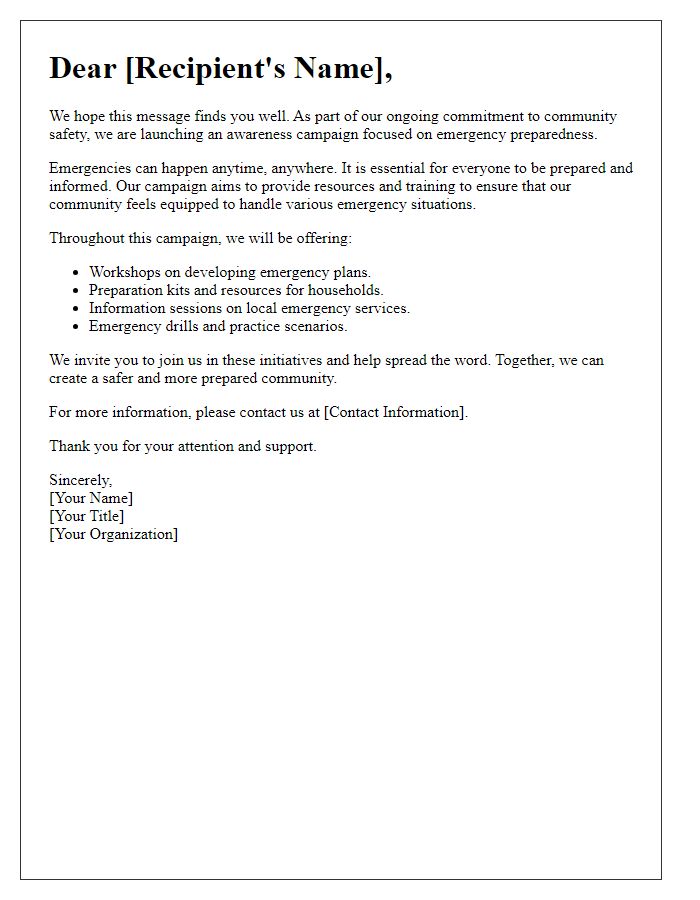 Letter template of awareness campaigns for emergency preparedness