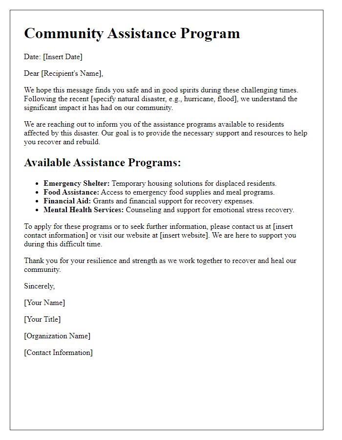 Letter template of community assistance programs following a natural disaster