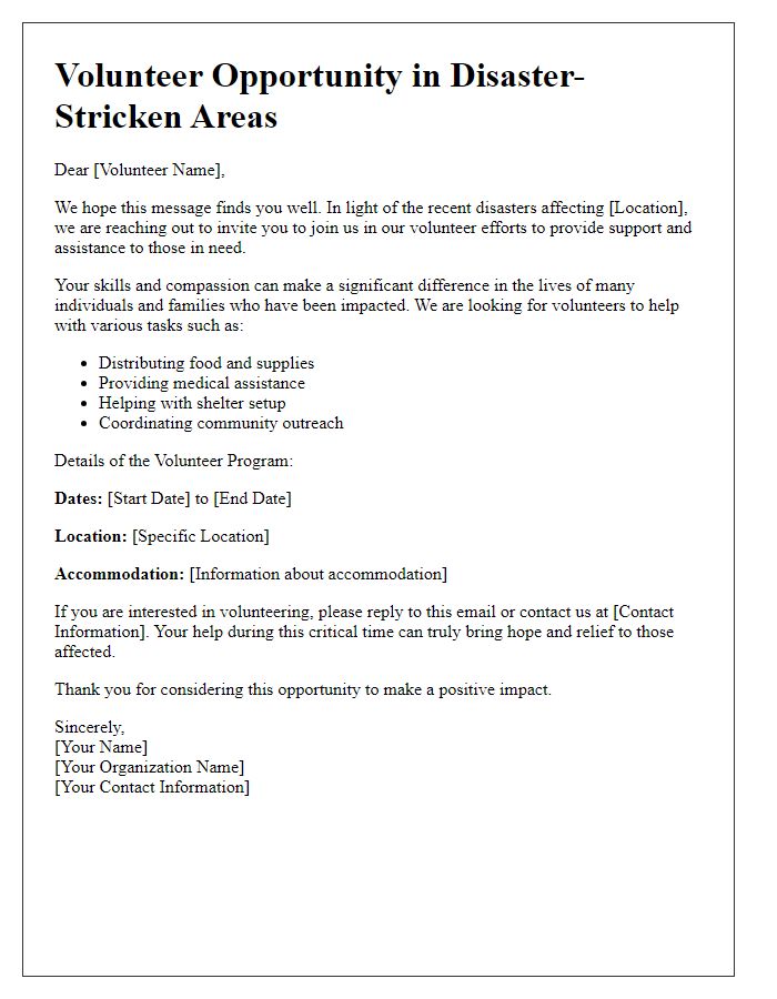 Letter template of volunteer opportunities in disaster-stricken areas