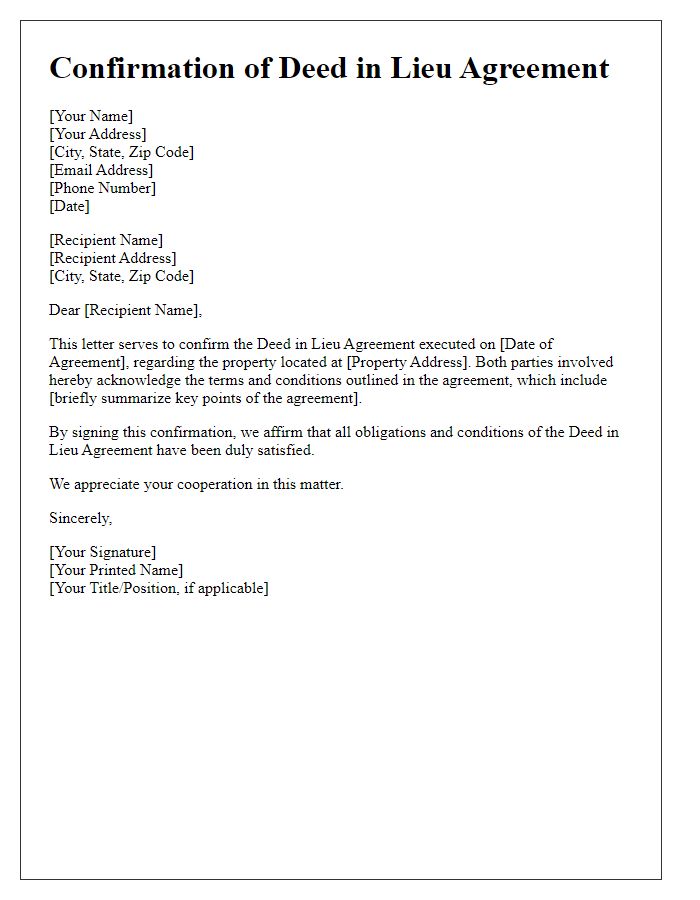 Letter template of Confirmation of Deed in Lieu Agreement