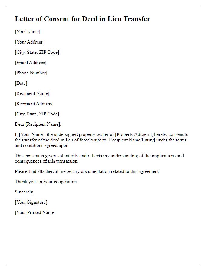 Letter template of Consent for Deed in Lieu Transfer