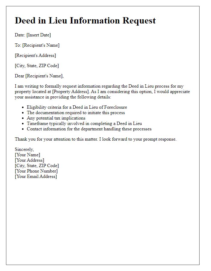 Letter template of Deed in Lieu Information Request