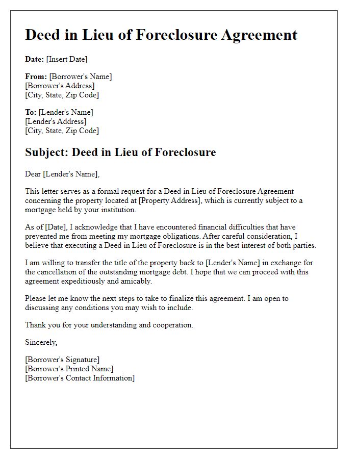 Letter template of Deed in Lieu of Foreclosure Agreement