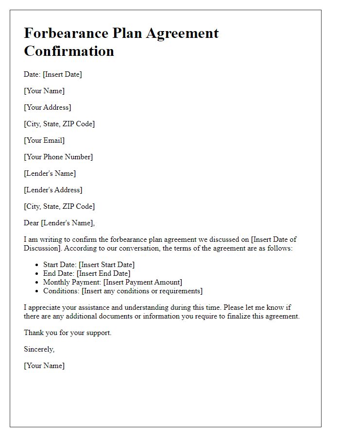 Letter template of forbearance plan agreement confirmation