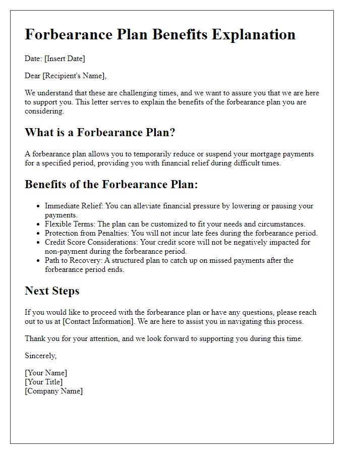 Letter template of forbearance plan benefits explanation