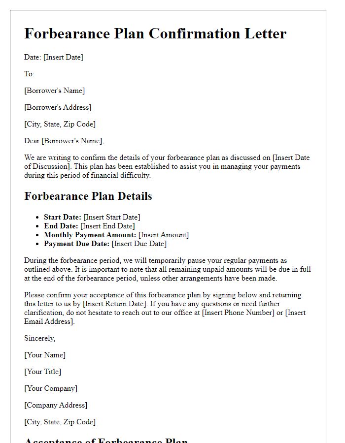 Letter template of forbearance plan confirmation for parties involved