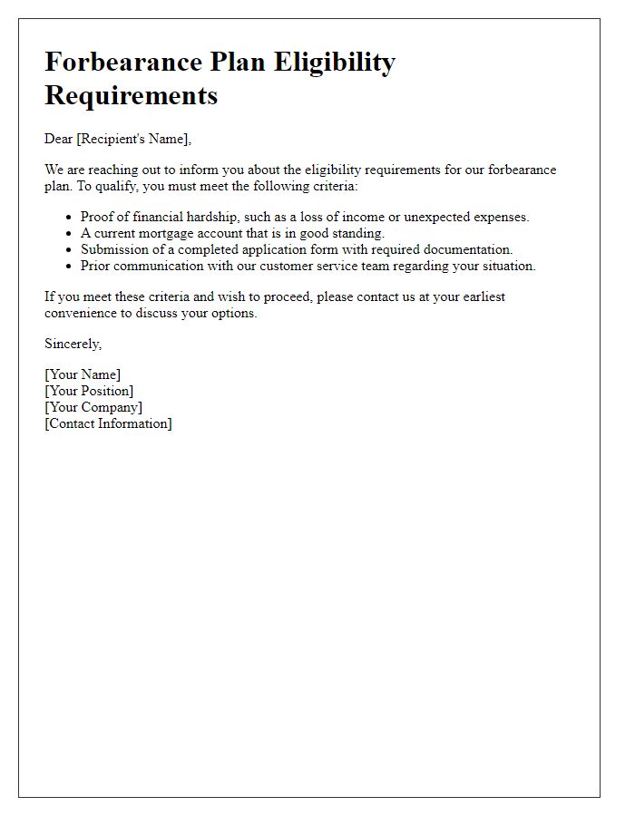 Letter template of forbearance plan eligibility requirements