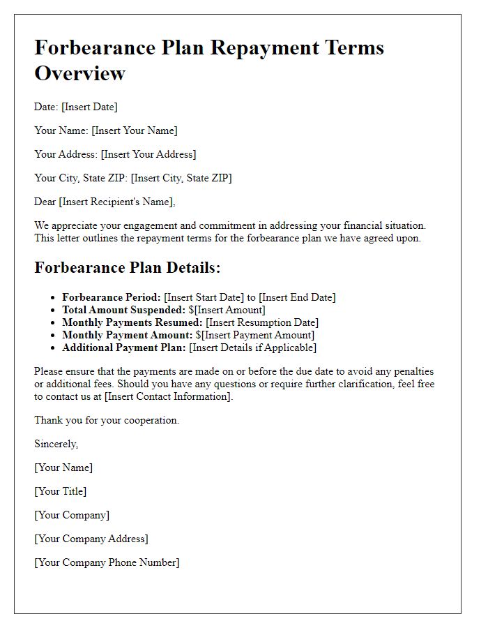 Letter template of forbearance plan repayment terms overview