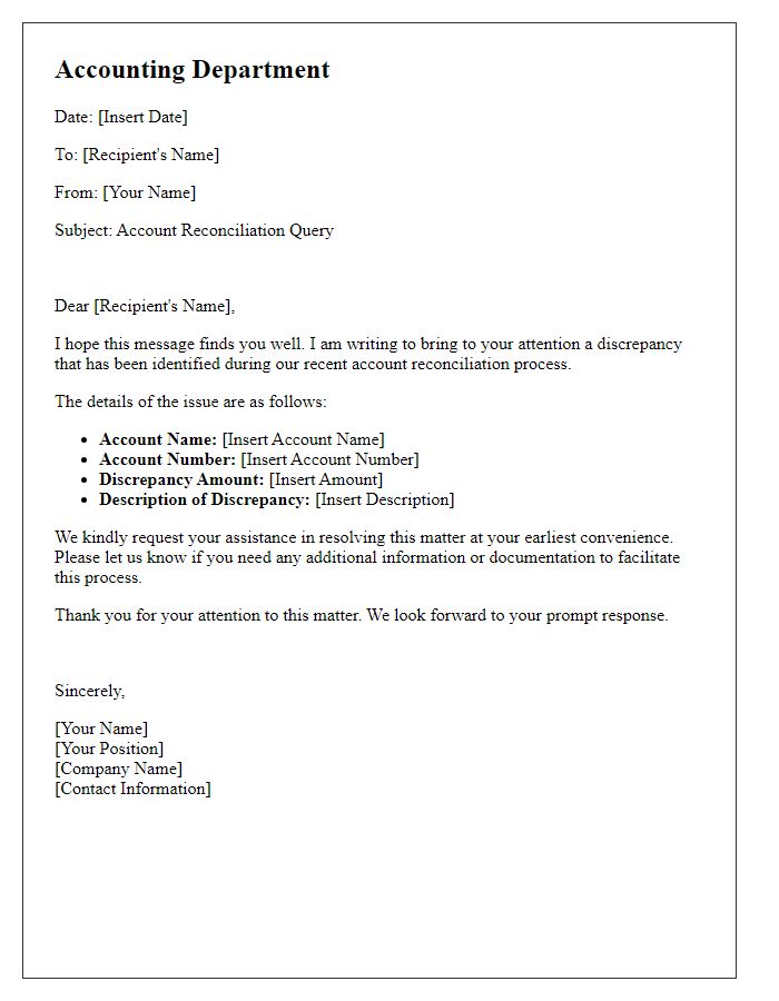 Letter template of accounting department account reconciliation query