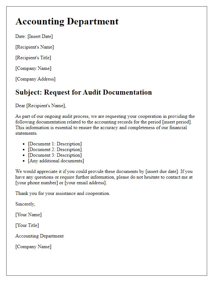 Letter template of accounting department audit documentation request