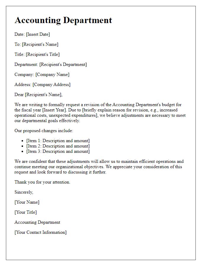 Letter template of accounting department budget revision request