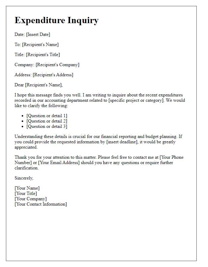 Letter template of accounting department expenditure inquiry