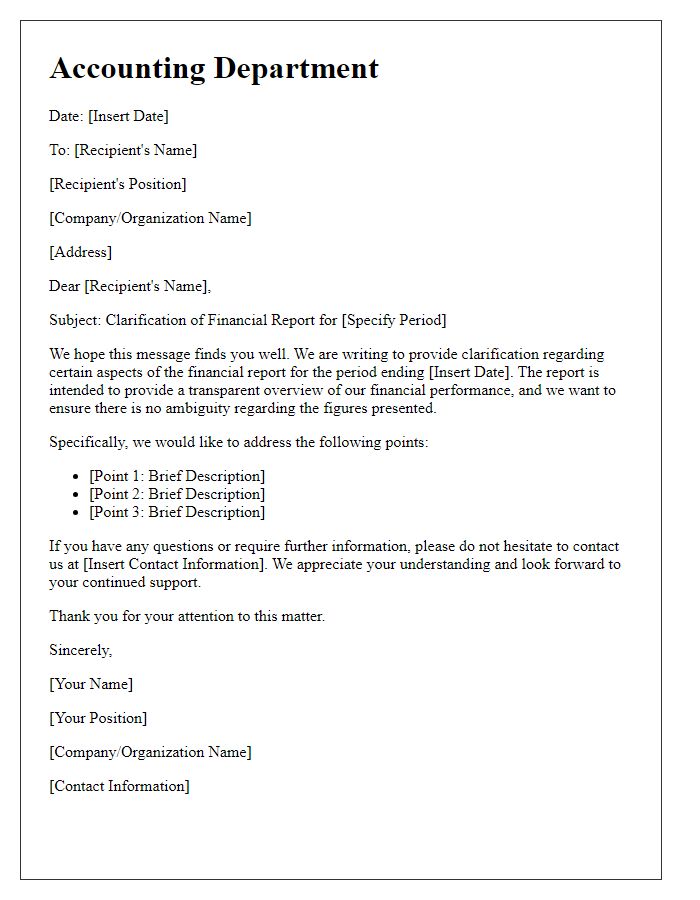 Letter template of accounting department financial report clarification