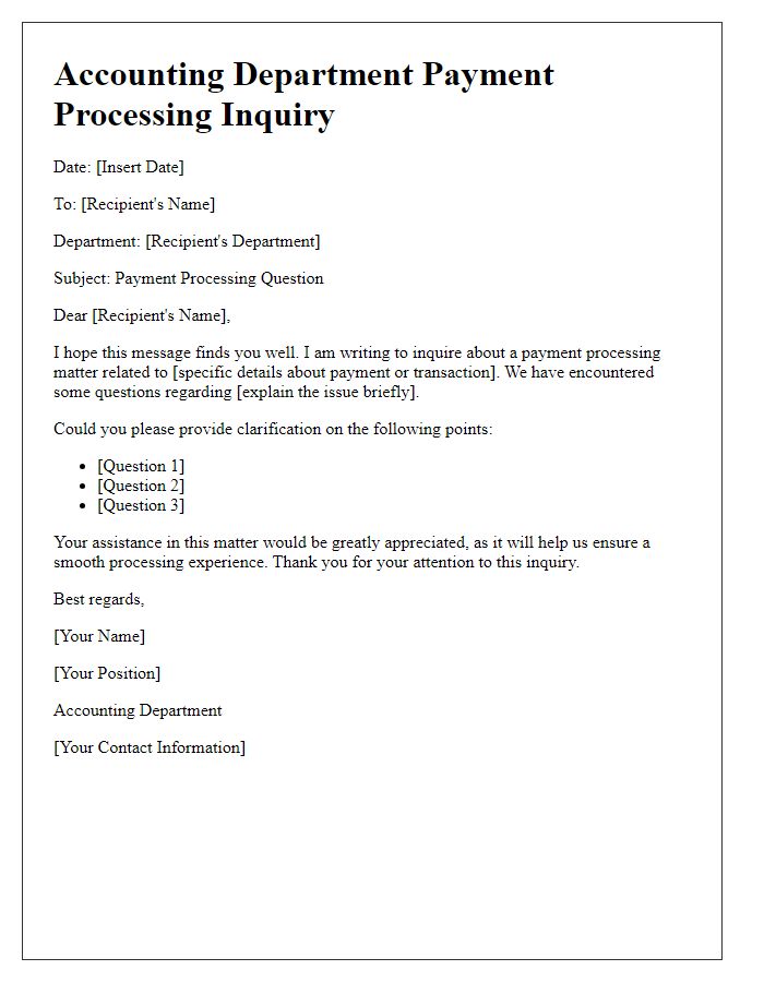 Letter template of accounting department payment processing questions