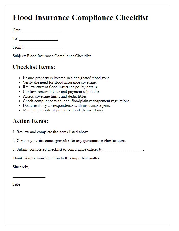 Letter template of flood insurance compliance checklist