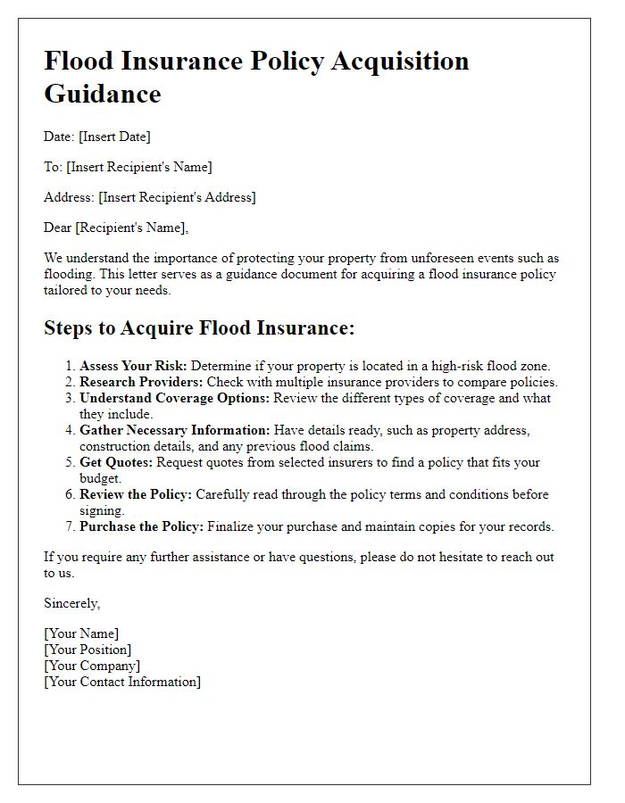 Letter template of flood insurance policy acquisition guidance