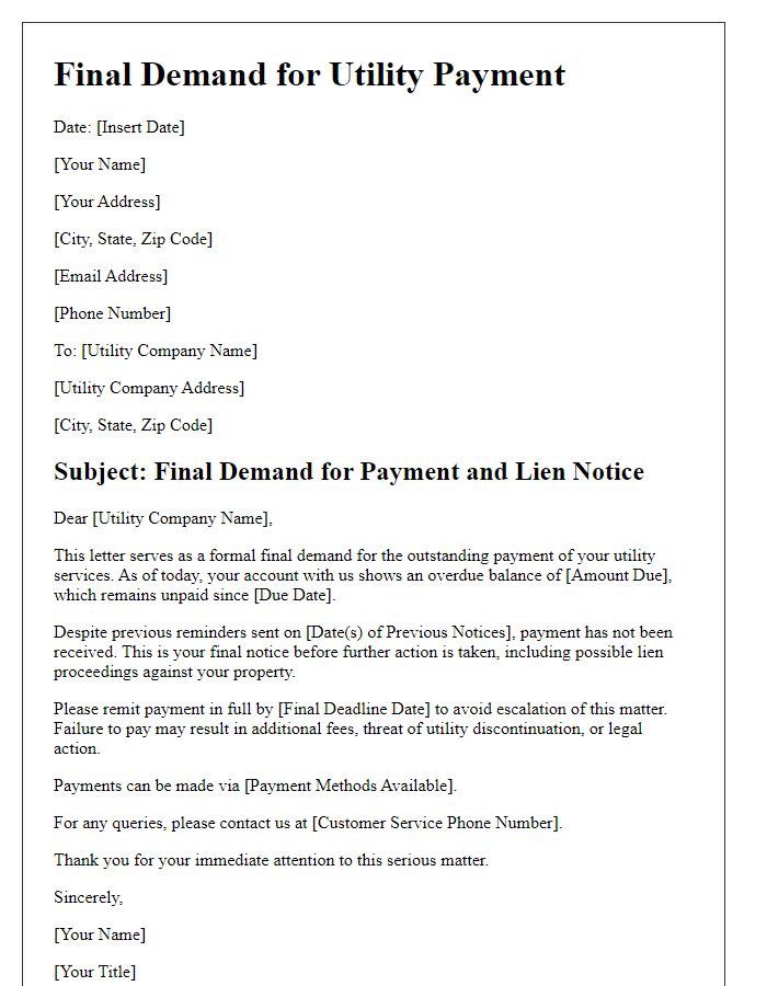 Letter template of Final Demand for Utility Payment and Lien Notice