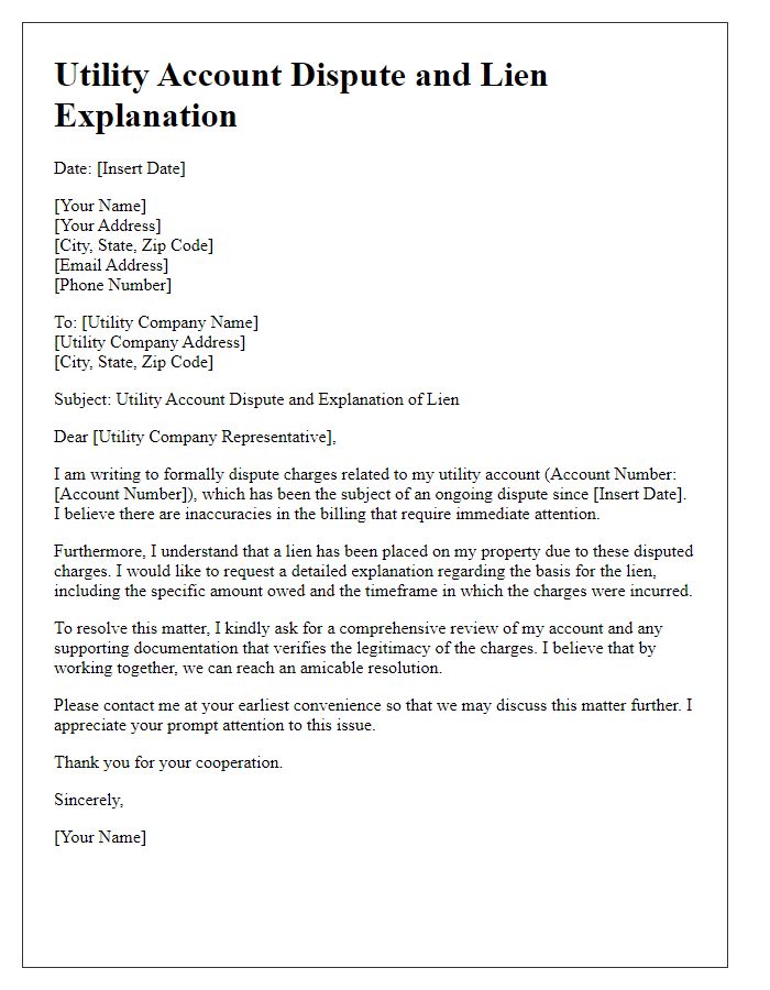 Letter template of Utility Account Dispute and Lien Explanation