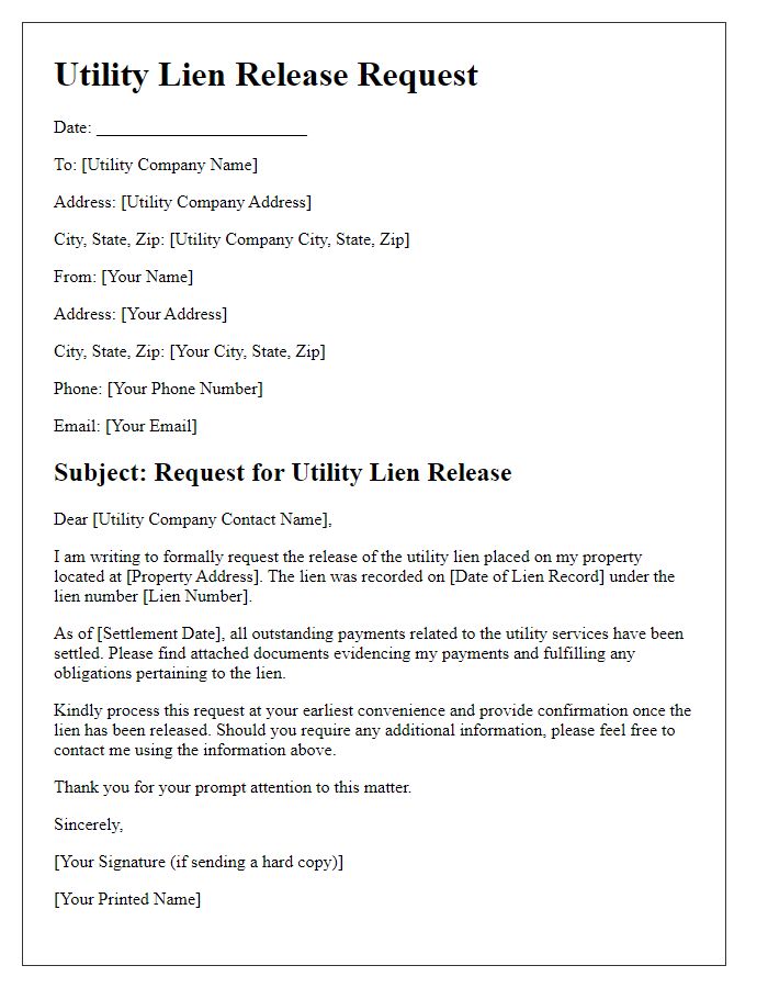 Letter template of Utility Lien Release Request Form