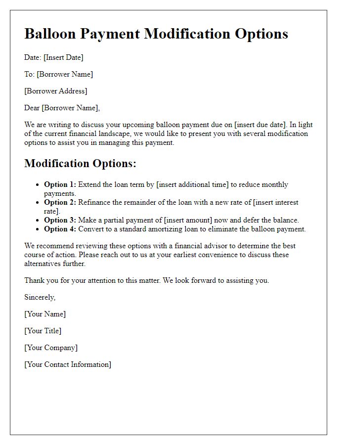 Letter template of Balloon Payment Modification Options