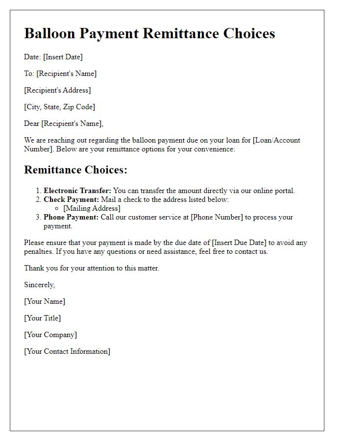 Letter template of Balloon Payment Remittance Choices