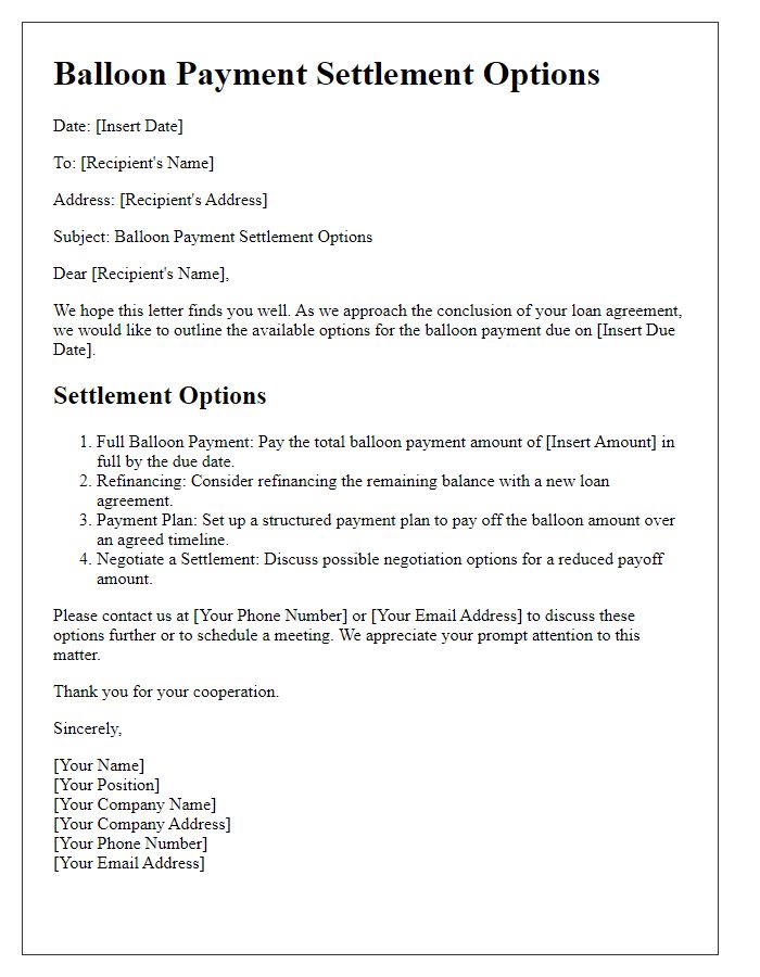 Letter template of Balloon Payment Settlement Options