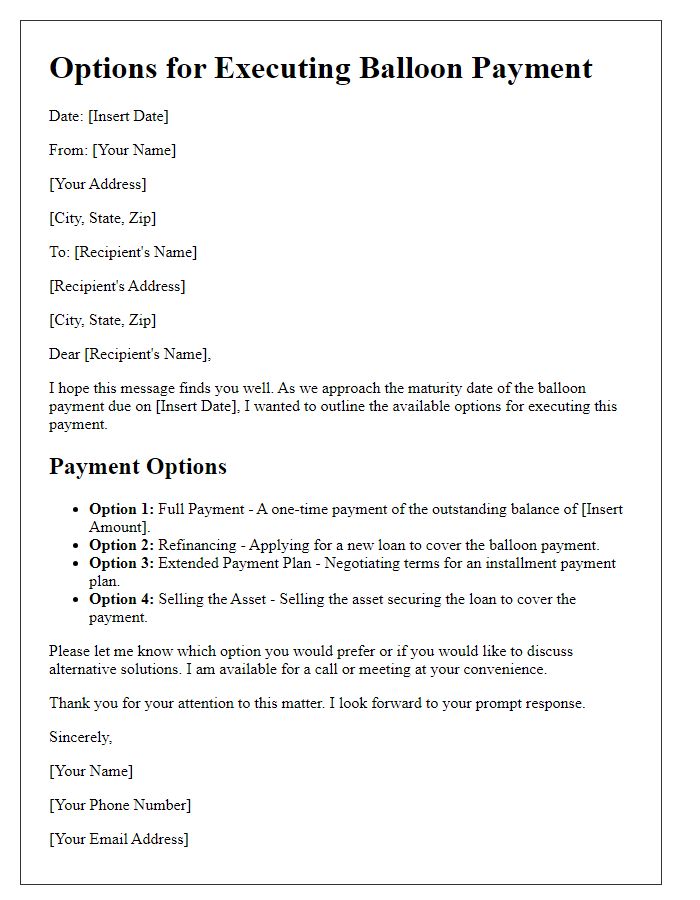 Letter template of Options for Executing Balloon Payment