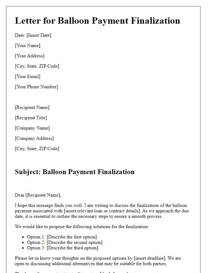 Letter template of Solutions for Balloon Payment Finalization