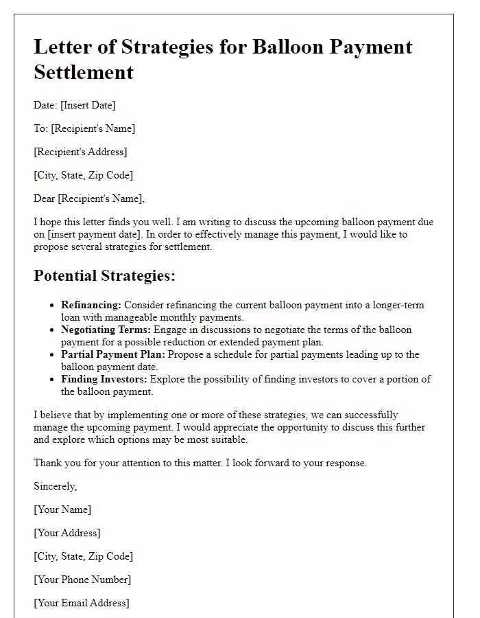 Letter template of Strategies for Balloon Payment Settlement