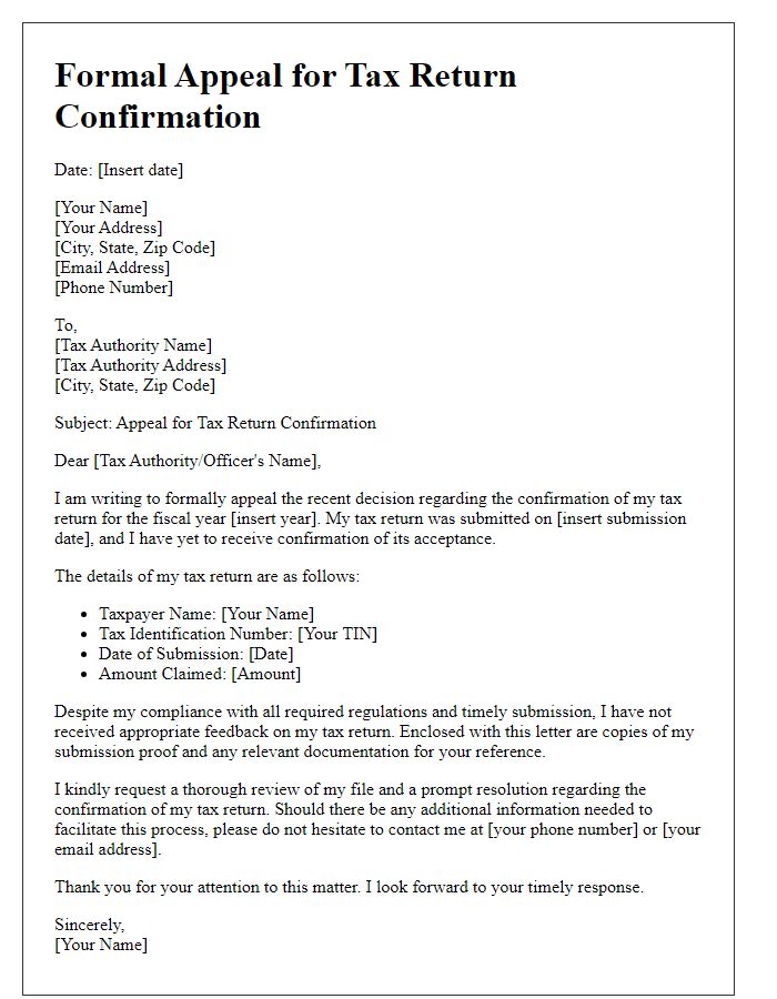 Letter template of formal tax return confirmation appeal