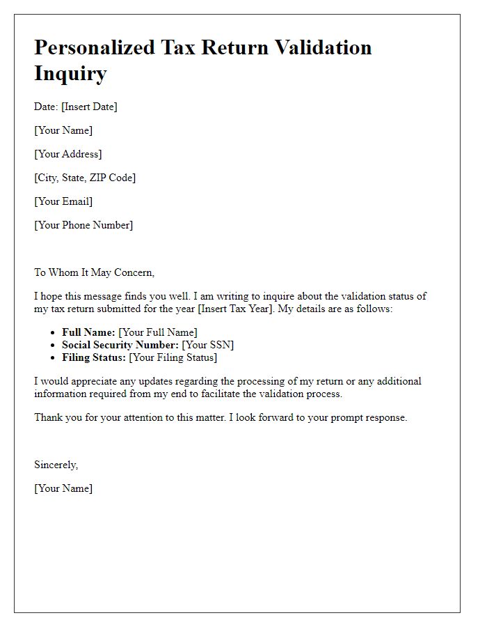 Letter template of personalized tax return validation inquiry