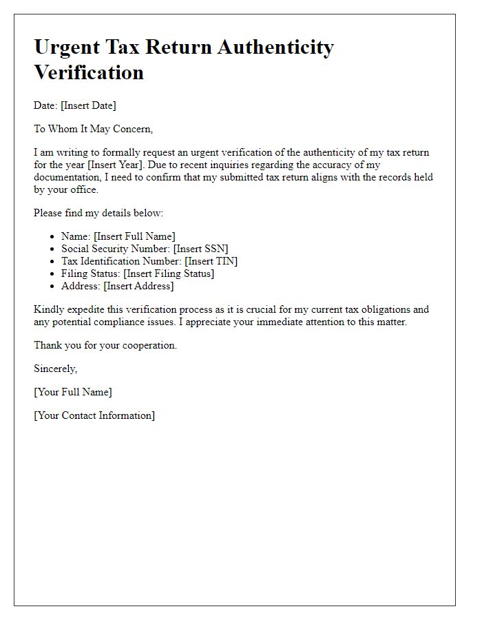 Letter template of urgent tax return authenticity verification