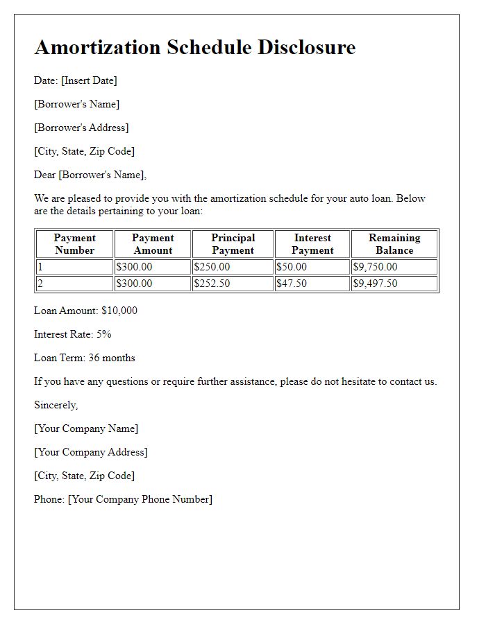 Letter template of Amortization Schedule Disclosure for Auto Loan