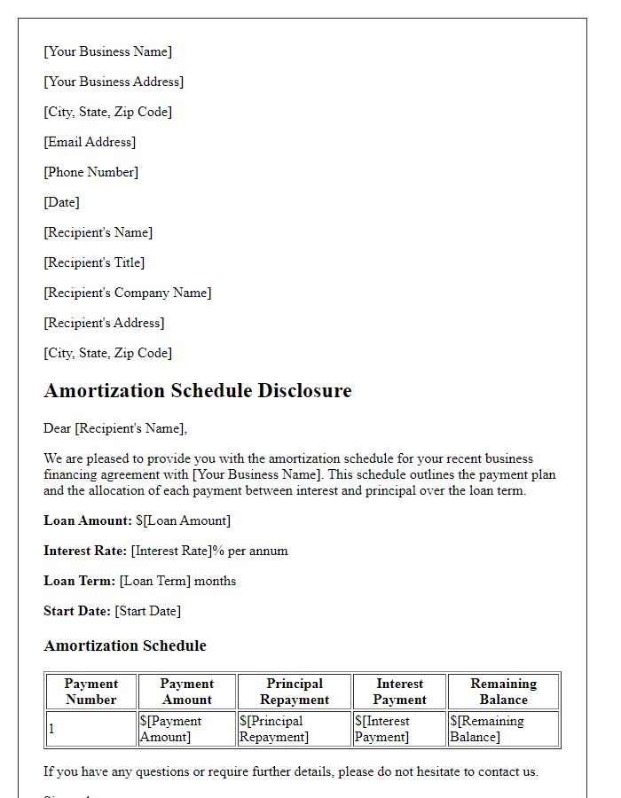 Letter template of Amortization Schedule Disclosure for Business Financing