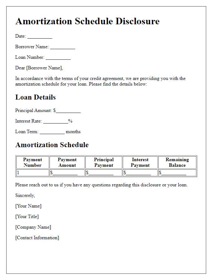 Letter template of Amortization Schedule Disclosure for Credit Agreement