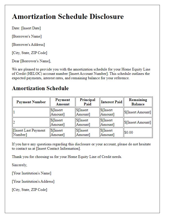 Letter template of Amortization Schedule Disclosure for Home Equity Line of Credit