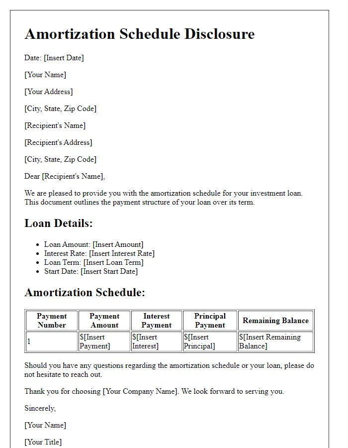 Letter template of Amortization Schedule Disclosure for Investment Loan