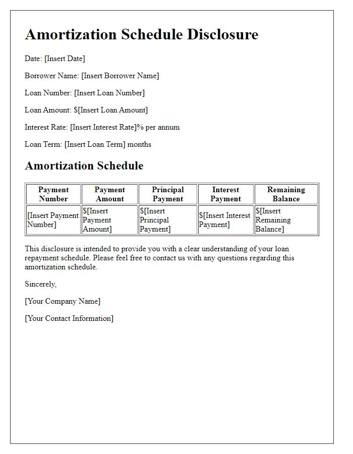 Letter template of Amortization Schedule Disclosure for Loan Agreement