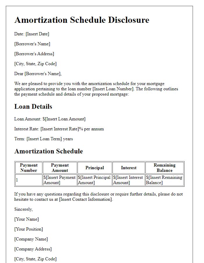 Letter template of Amortization Schedule Disclosure for Mortgage Application