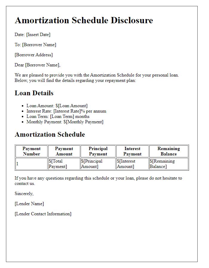 Letter template of Amortization Schedule Disclosure for Personal Loan