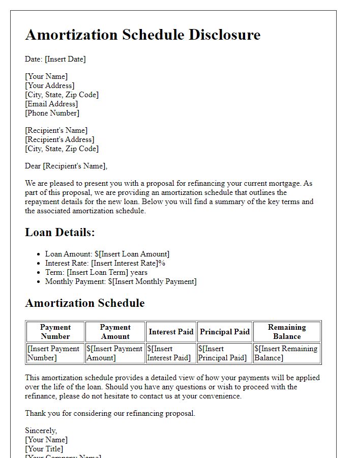 Letter template of Amortization Schedule Disclosure for Refinance Proposal