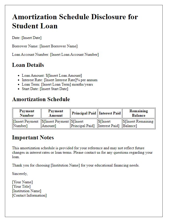 Letter template of Amortization Schedule Disclosure for Student Loan