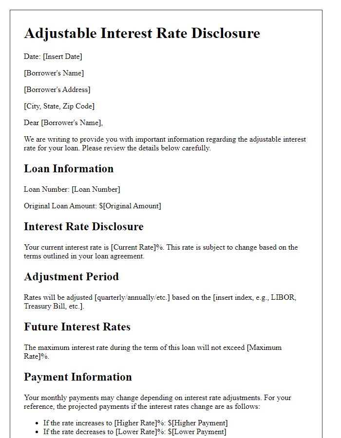 Letter template of adjustable interest rate disclosure