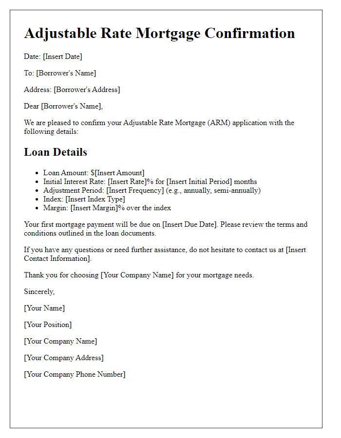 Letter template of adjustable rate mortgage confirmation