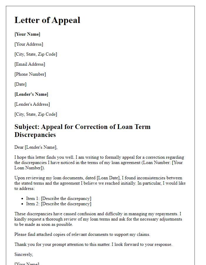 Letter template of appeal for correction of loan term discrepancies