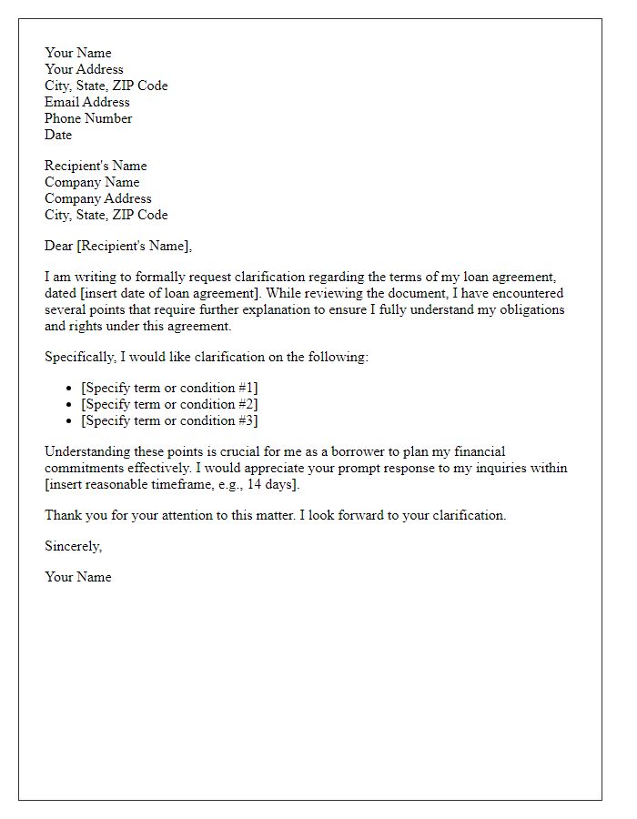 Letter template of demand for clarification on loan agreement terms