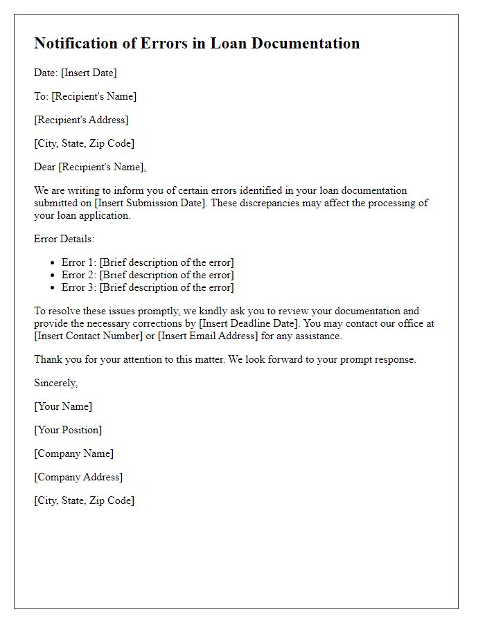 Letter template of notification of errors in loan documentation